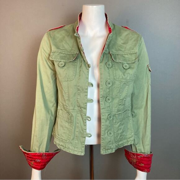 Abercrombie & Fitch jacket medium military Y2K green Asian brocade Bella Swan - Picture 2 of 15